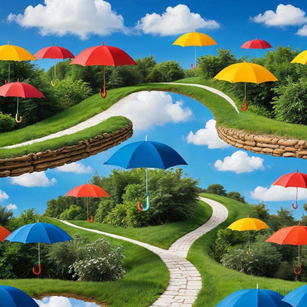 A serene landscape depicting various insurance symbols like umbrellas, shields, and safety nets floating through a bright sky. In the foreground, an expert holding a compass represents guidance in navigating this landscape, surrounded by affectionate imagery like heart icons and helping hands. The scene conveys careful risk management with lush greenery and a winding path leading to a confident horizon. soft focus, vibrant colors.