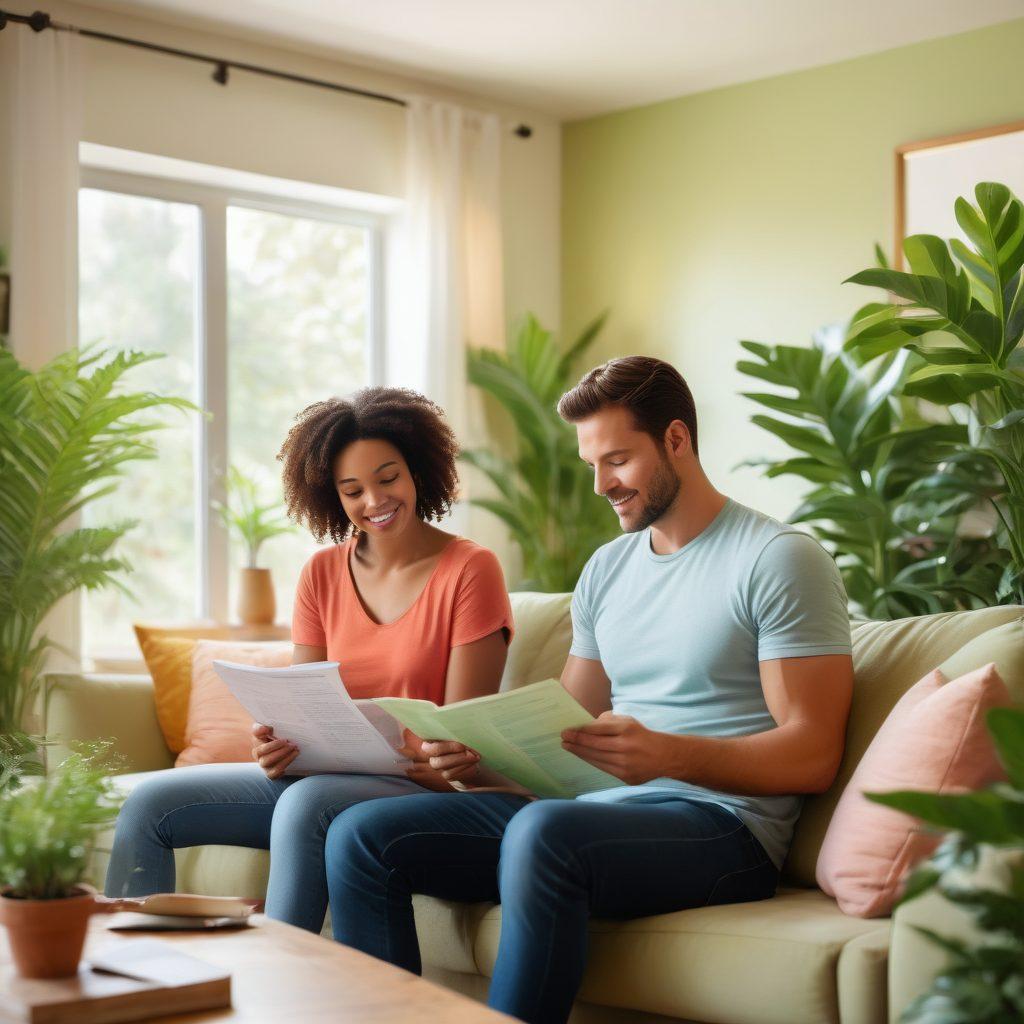 A warm and inviting scene showcasing a couple reviewing their insurance policy documents together in a cozy, sunlit living room filled with plants. One partner is pointing at a highlighted section while the other listens intently, exuding love and support. The surroundings symbolize protection, like a shield shape in the background, to emphasize safety. Soft, pastel colors create a comforting atmosphere with a sense of togetherness. super-realistic. vibrant colors.